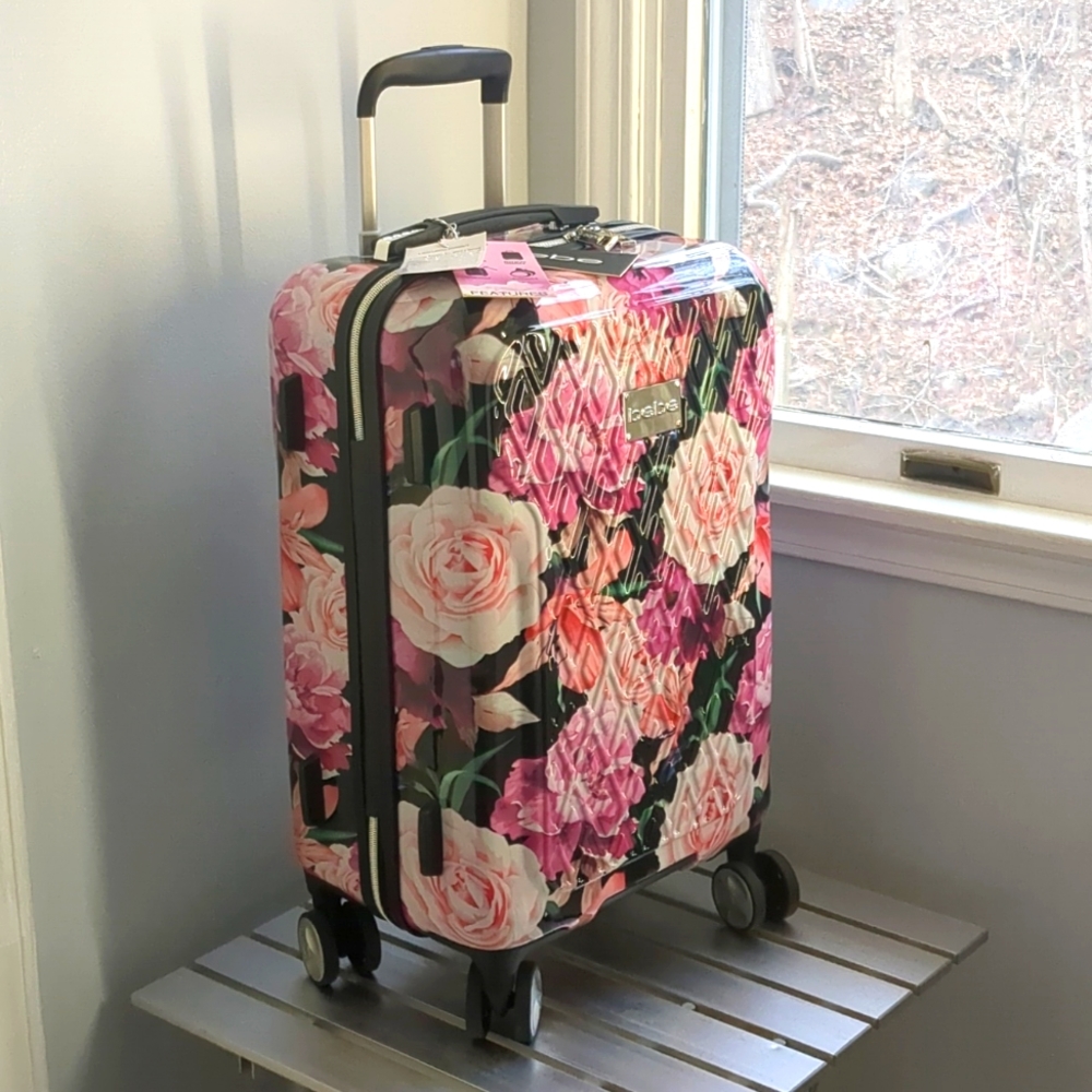 BEBE Women's Marie 21" Hardside Carry-on Spinner Luggage, Black Floral P…
